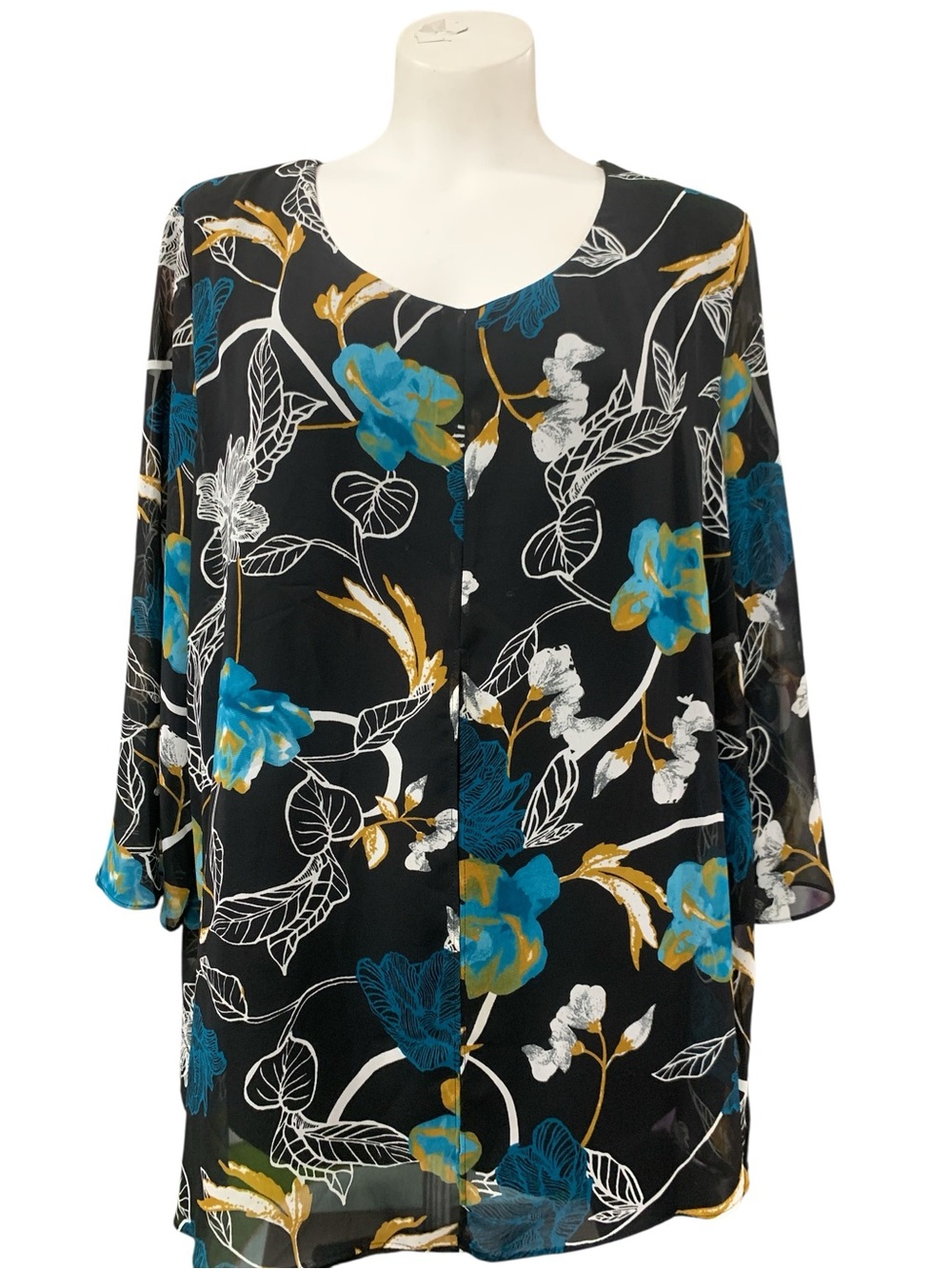 TanJay Black Tunic with Teal Floral & Gold Accents Size L